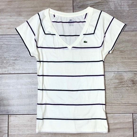 LACOSTE   100% Pima Cotton V-Neck Striped Tee - Picture 5 of 6